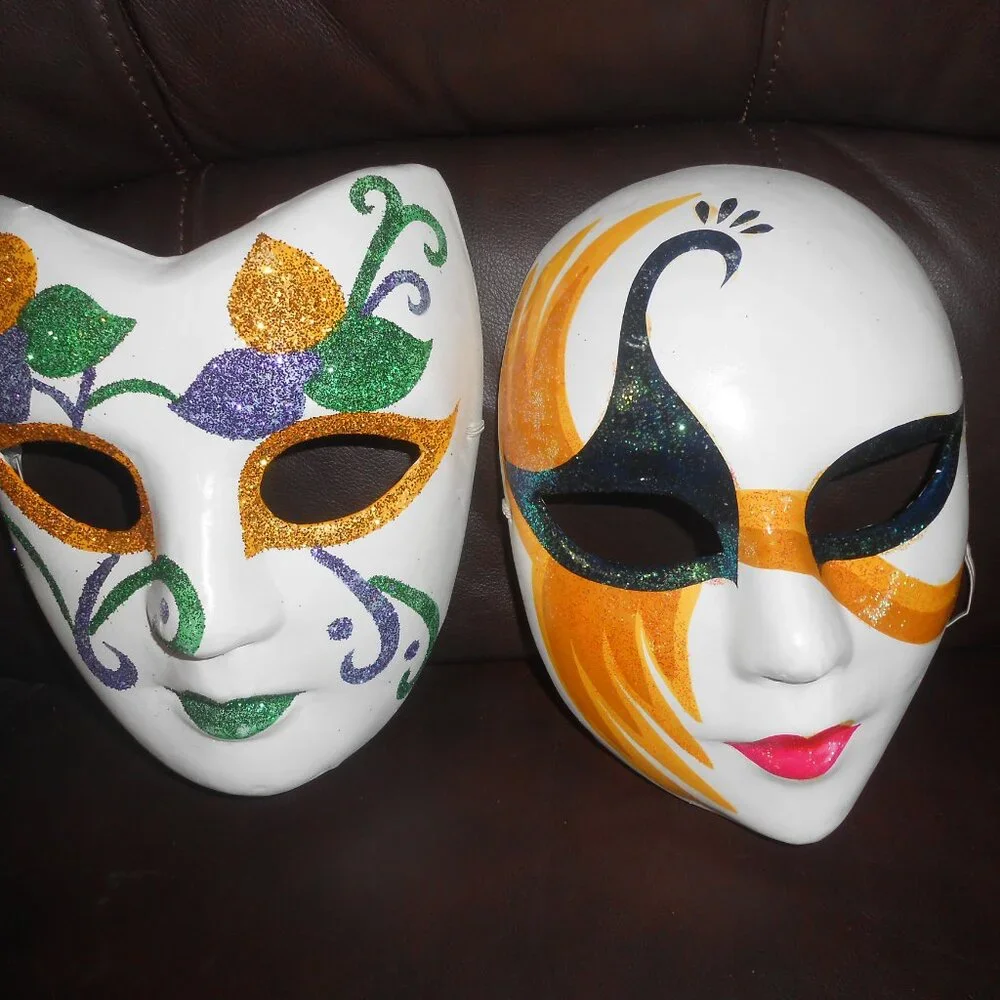 LOT 2 NEW PAPER MACHE GLITTER HALLOWEEN MARDI GRA MASKS FULL FACE ADULT